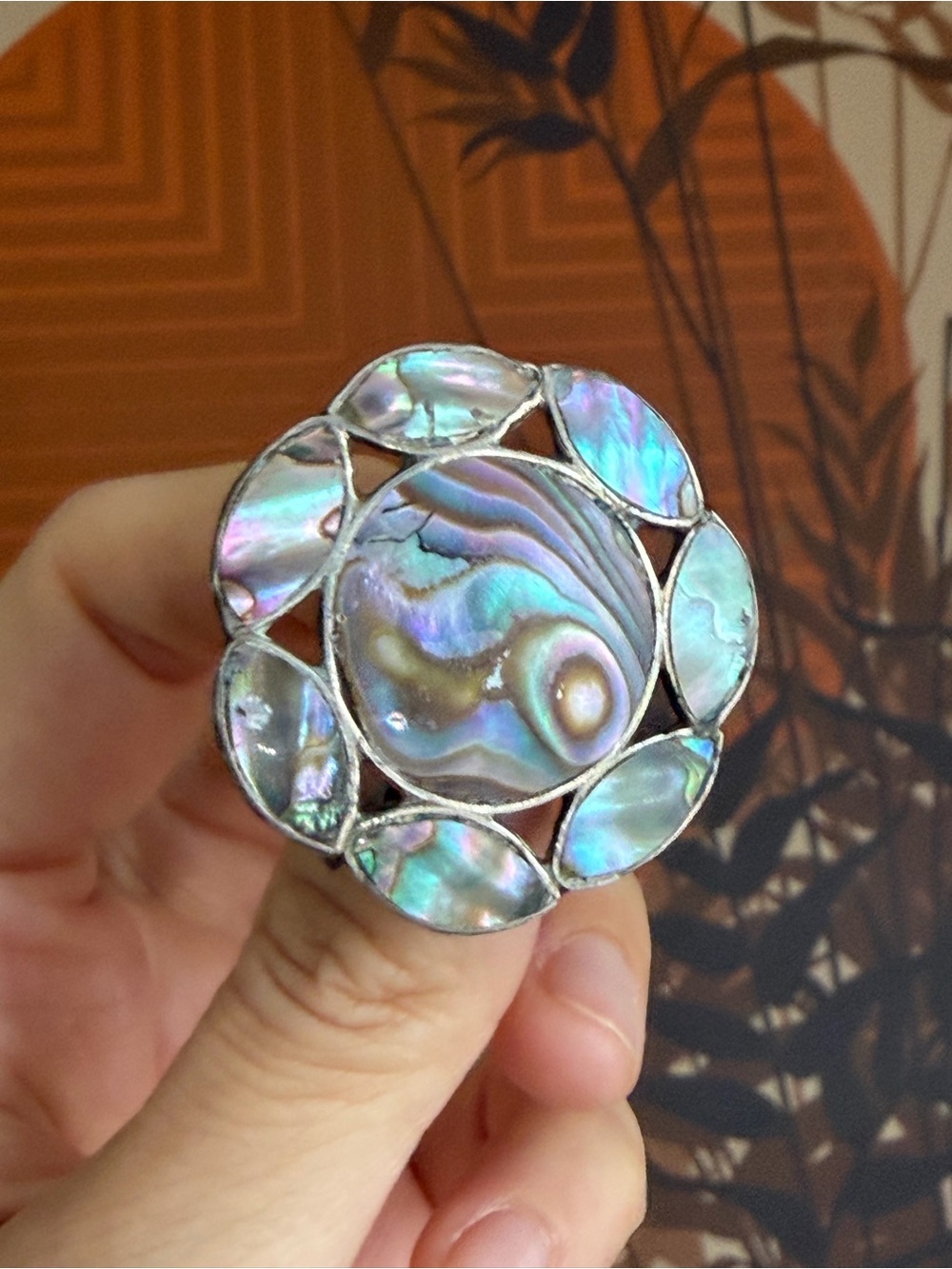 Vintage Mexican Alpaca Silver Abalone Mosaic Brooch Pendant